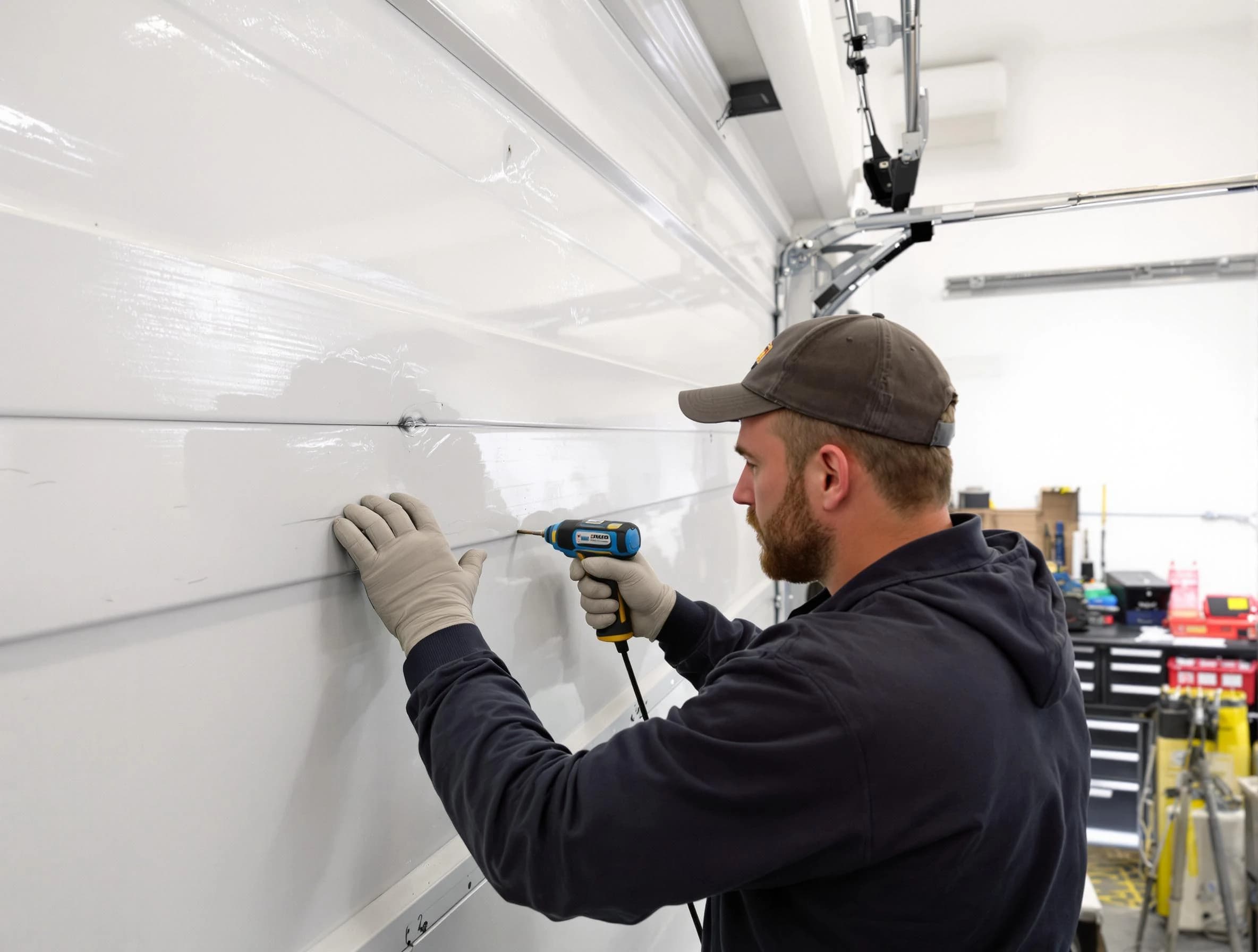 Bethel Park Garage Door Repair technician demonstrating precision dent removal techniques on a Bethel Park garage door